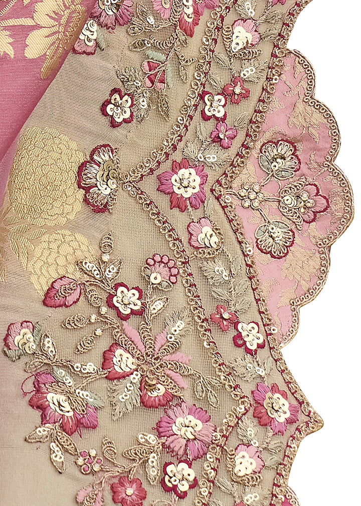 Rouge Pink Handcrafted Gadwal Silk Saree with Beautiful Embroidery