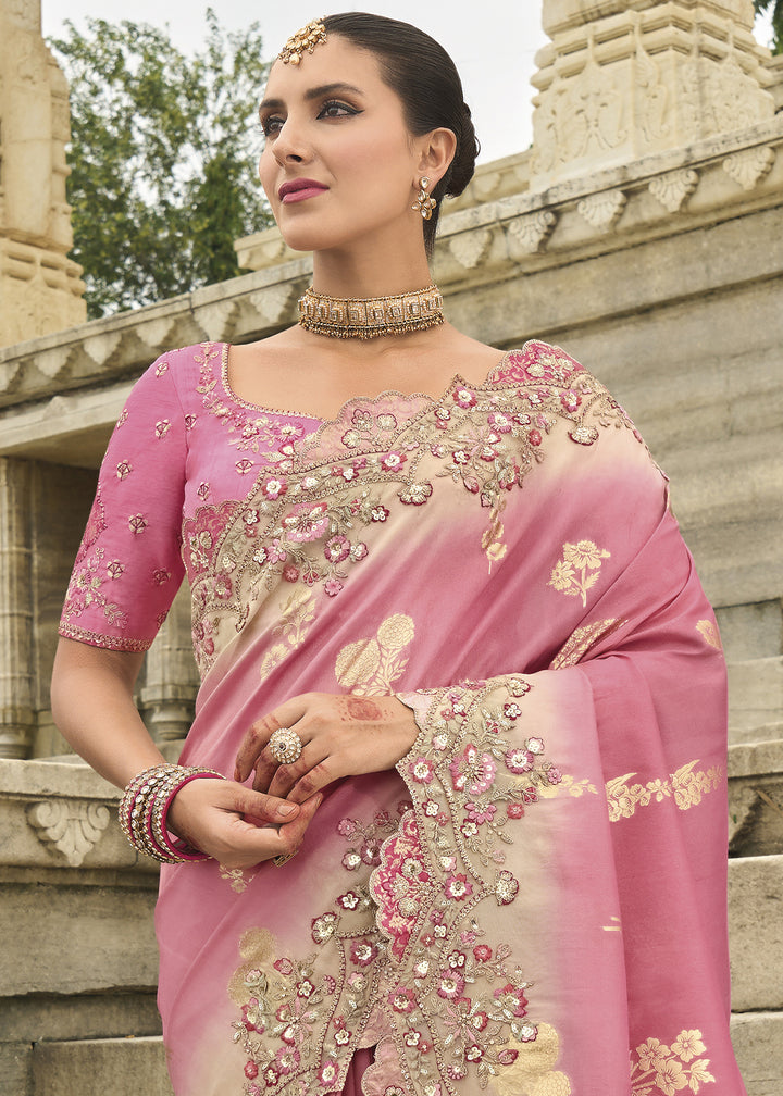 Rouge Pink Handcrafted Gadwal Silk Saree with Beautiful Embroidery