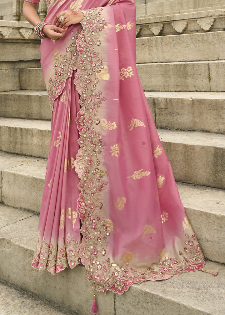 Rouge Pink Handcrafted Gadwal Silk Saree with Beautiful Embroidery
