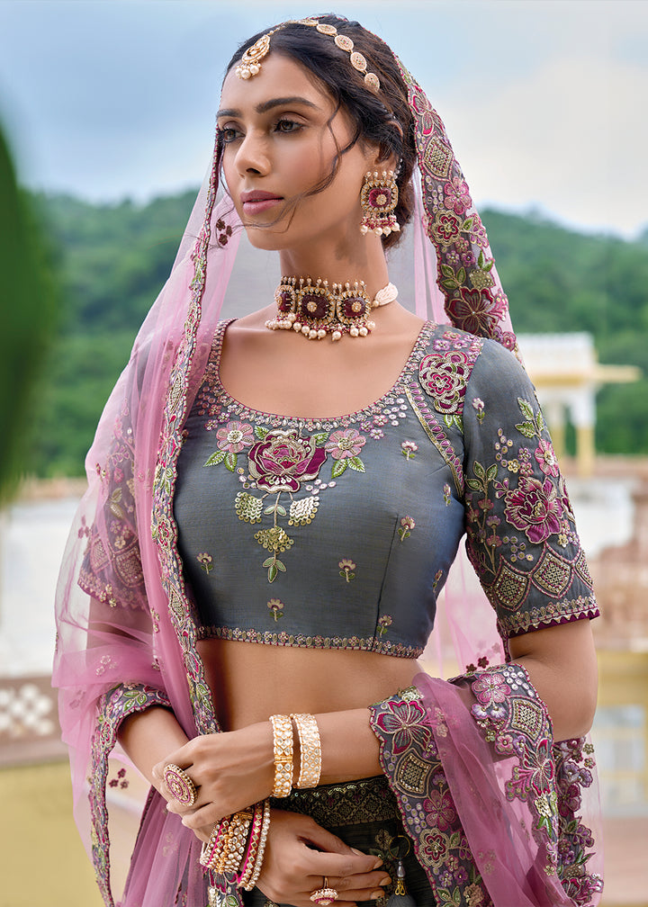 Porpoise Grey Banarasi Silk Lehenga Choli with Stunning Floral Embroidery & Sequins Design