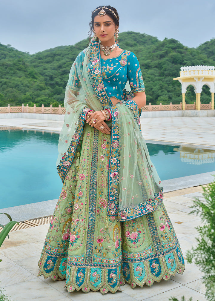 Tea Green & Blue Banarasi Silk Lehenga Choli with Stunning Floral Embroidery & Sequins Design