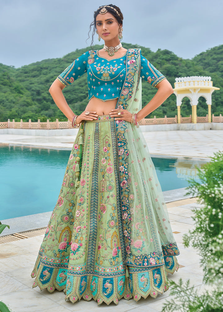 Tea Green & Blue Banarasi Silk Lehenga Choli with Stunning Floral Embroidery & Sequins Design