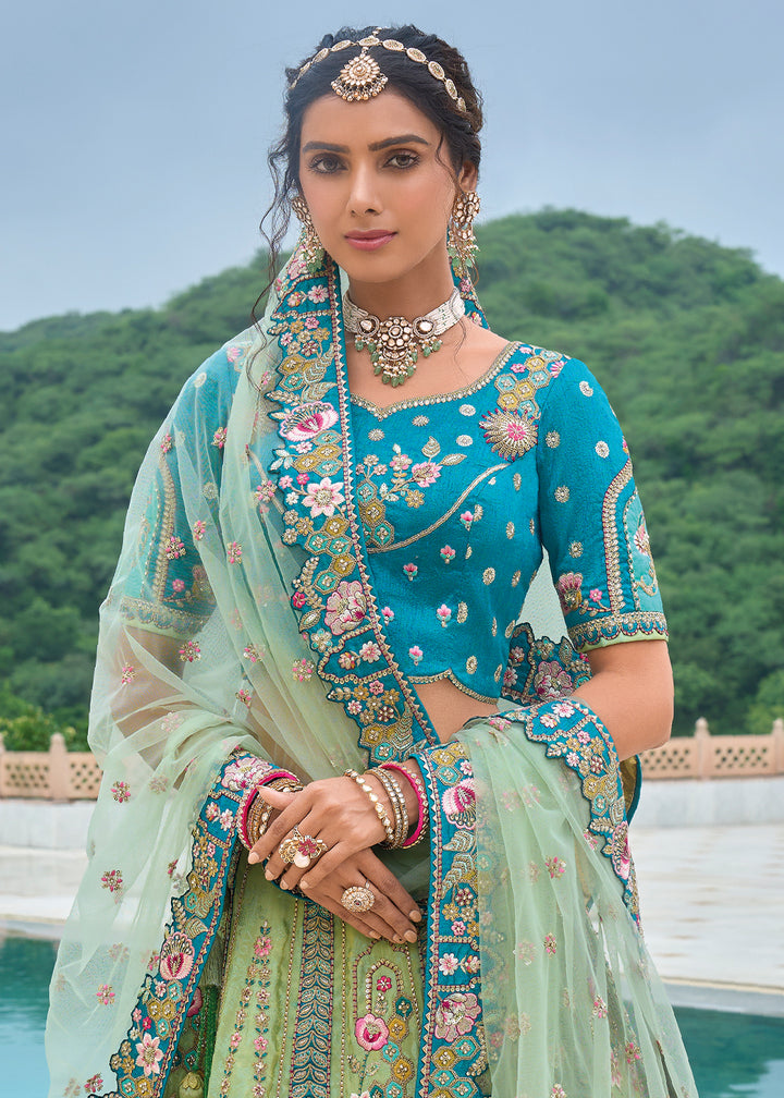Tea Green & Blue Banarasi Silk Lehenga Choli with Stunning Floral Embroidery & Sequins Design