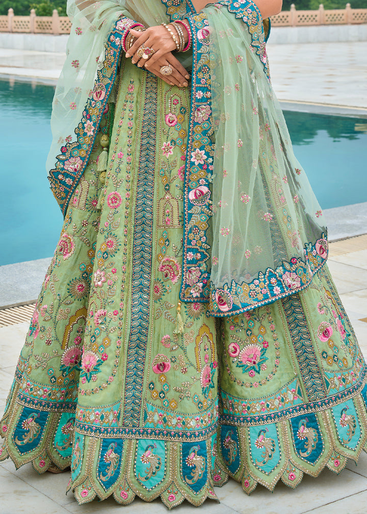 Tea Green & Blue Banarasi Silk Lehenga Choli with Stunning Floral Embroidery & Sequins Design