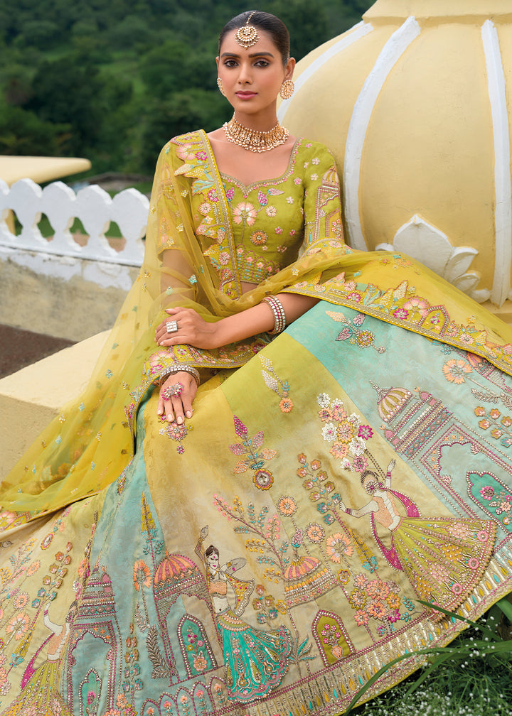 Pear Green Banarasi Silk Lehenga with Heavy Khatli & Embroidery Work