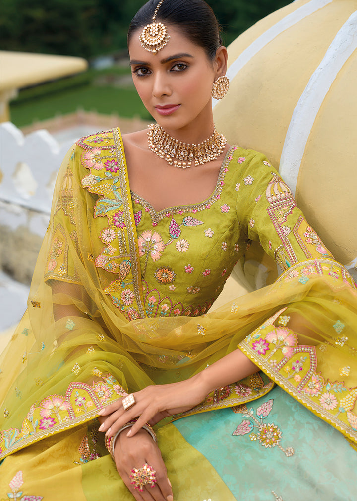 Pear Green Banarasi Silk Lehenga with Heavy Khatli & Embroidery Work