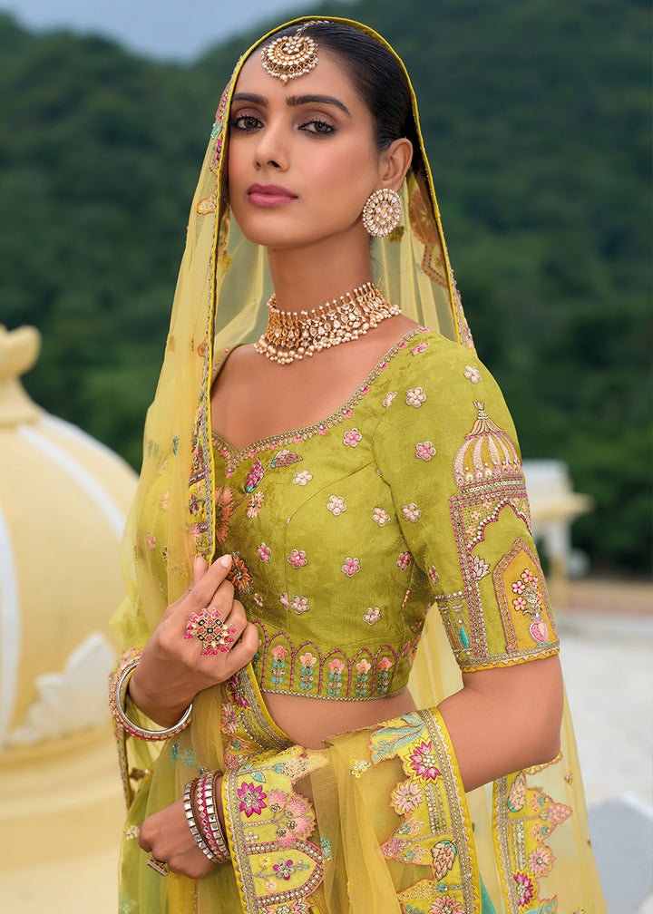 Pear Green Banarasi Silk Lehenga with Heavy Khatli & Embroidery Work