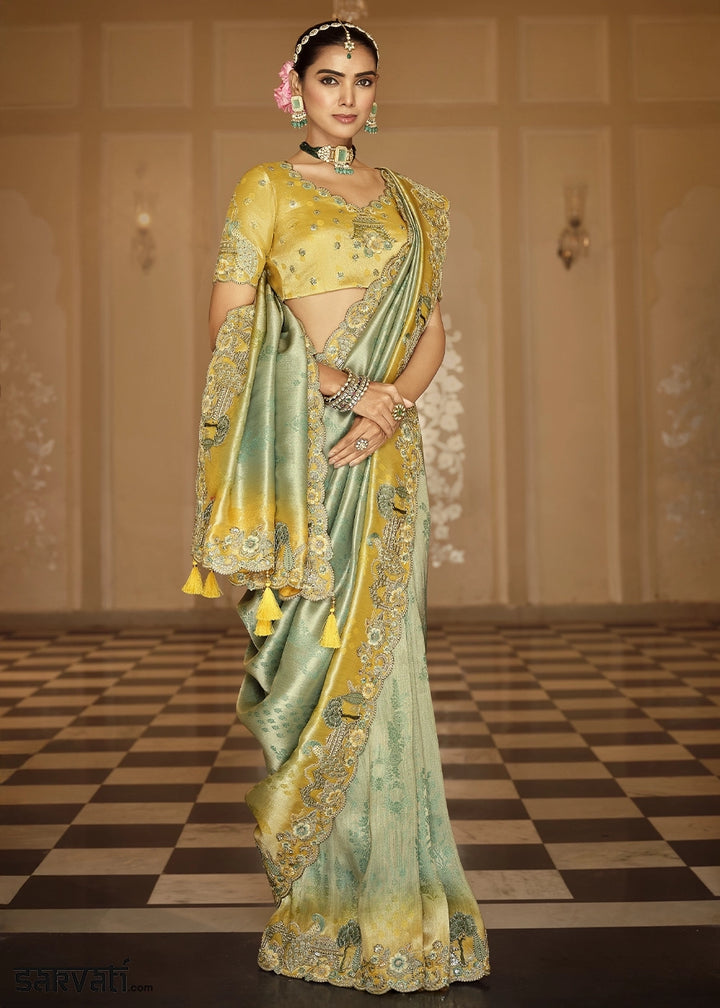 Dual Shade Yellow & Blue Banarasi Silk Saree with Zari, Thread & Sequins Work: Diwali Edit