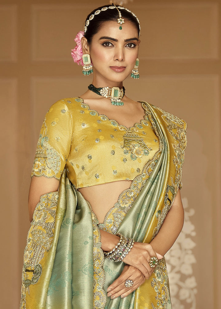 Dual Shade Yellow & Blue Banarasi Silk Saree with Zari, Thread & Sequins Work: Diwali Edit