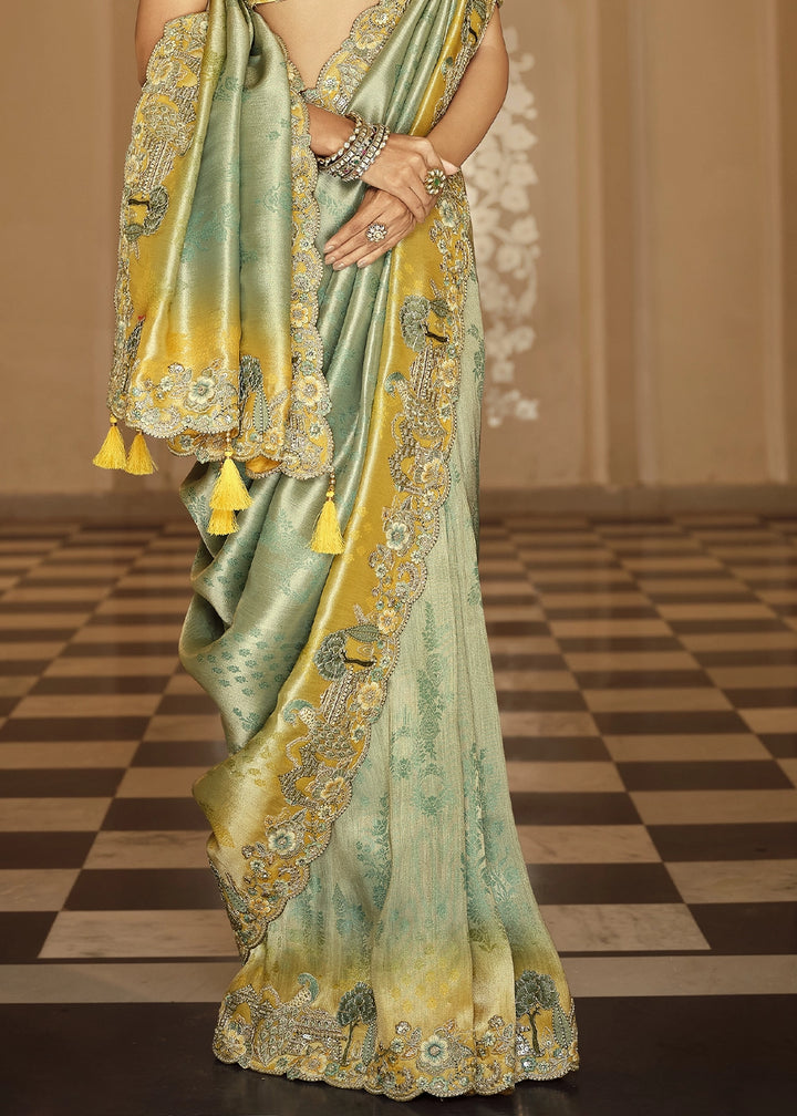 Dual Shade Yellow & Blue Banarasi Silk Saree with Zari, Thread & Sequins Work: Diwali Edit