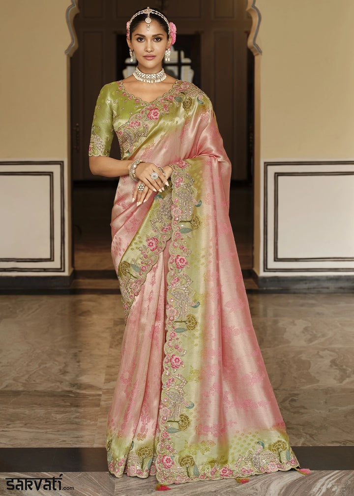 Shades Of Pink Banarasi Silk Saree with Zari, Thread & Sequins Work: Diwali Edit