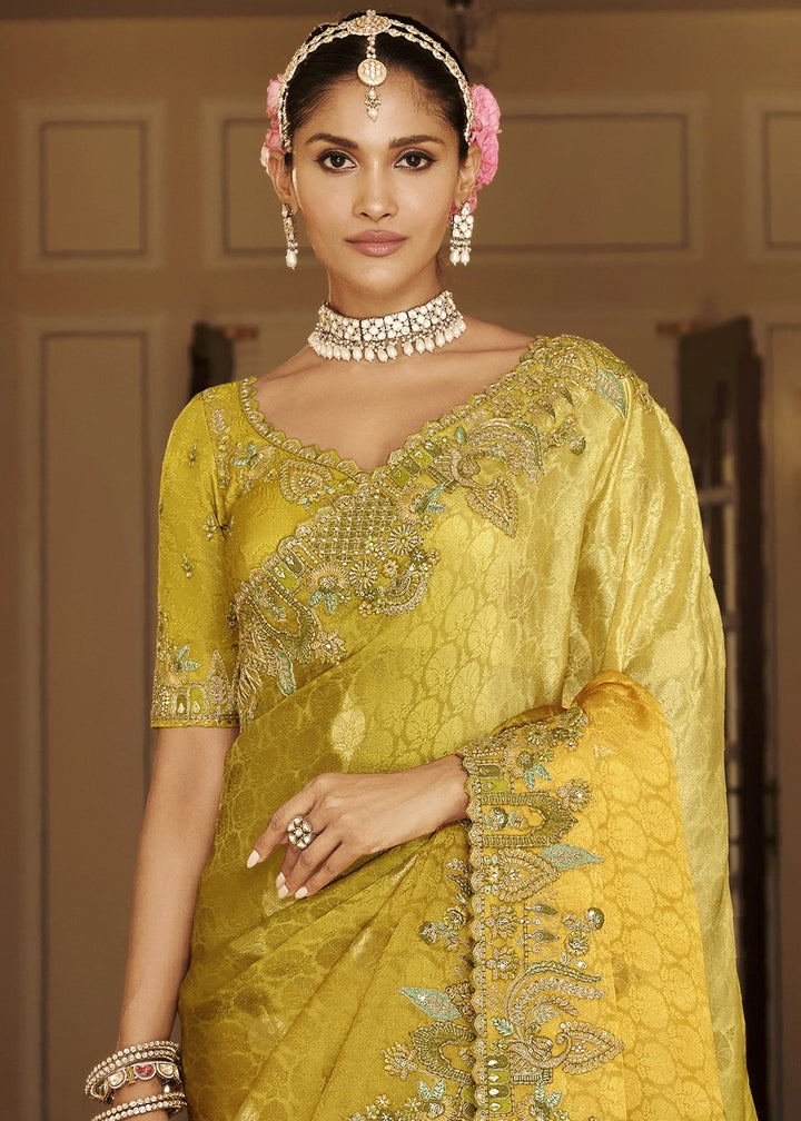 Shades Of Yellow & Green Banarasi Silk Saree with Zari, Thread & Sequins Work: Diwali Edit