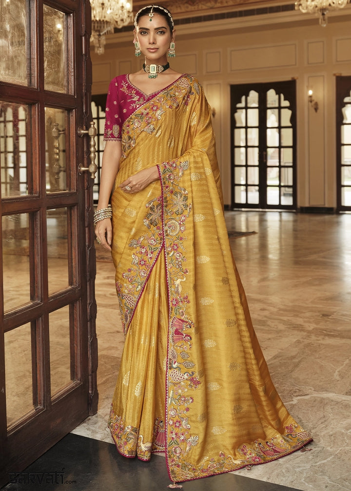 Marigold Orange Banarasi Silk Saree with Zari, Thread & Sequins Work: Diwali Edit