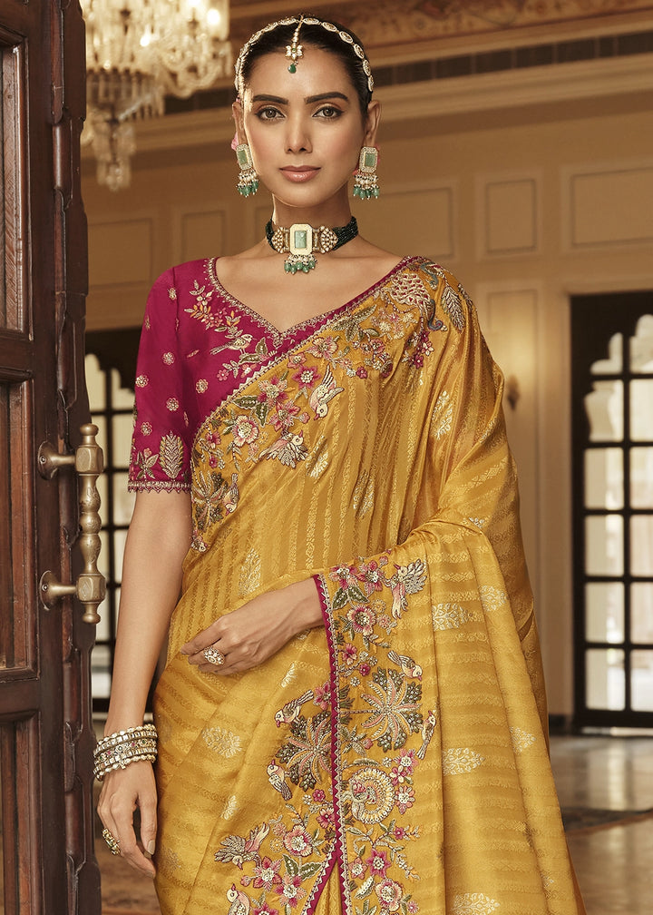 Marigold Orange Banarasi Silk Saree with Zari, Thread & Sequins Work: Diwali Edit