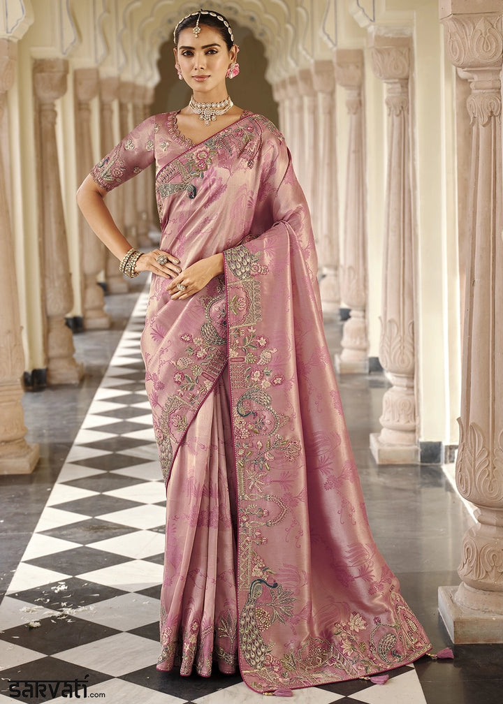 Lavender Purple Banarasi Silk Saree with Zari, Thread & Sequins Work: Diwali Edit