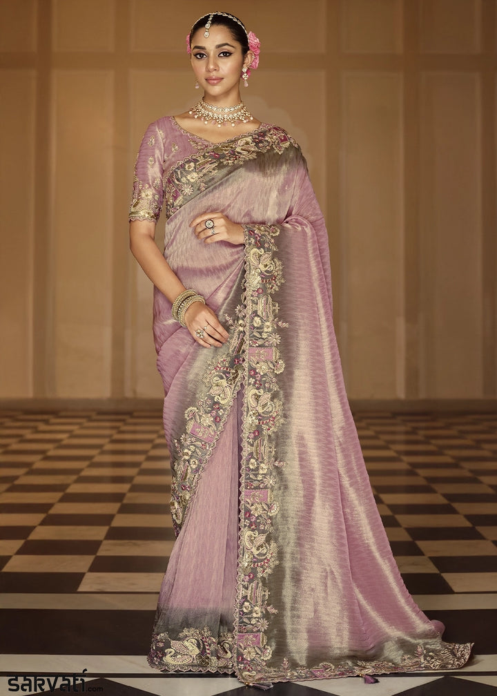 Lilac Purple Banarasi Silk Saree with Zari, Thread & Sequins Work: Diwali Edit
