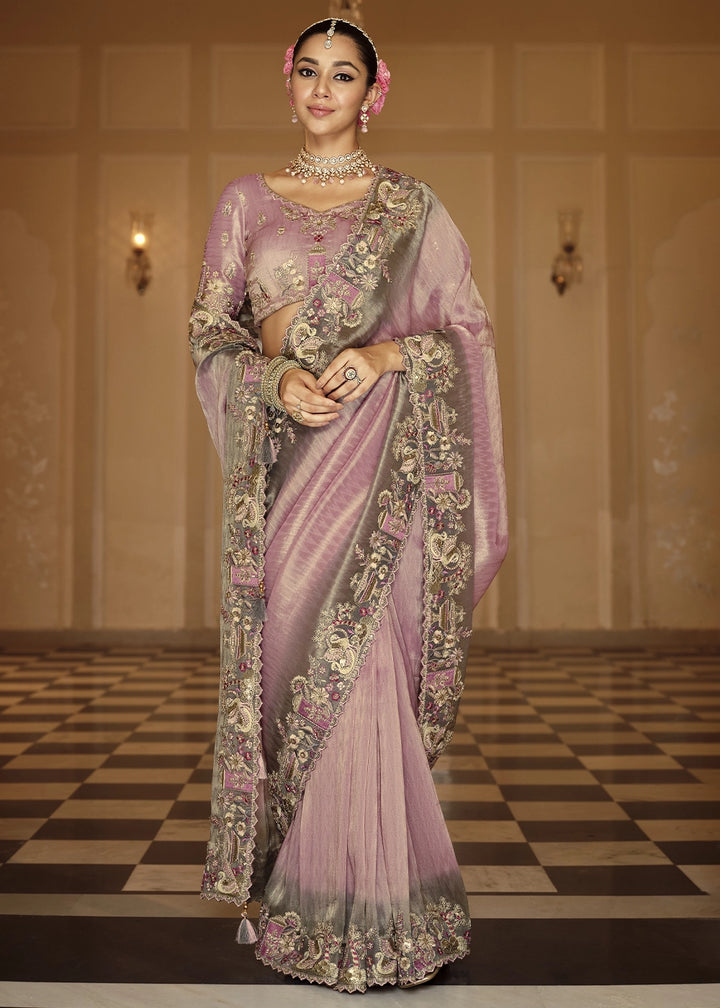 Lilac Purple Banarasi Silk Saree with Zari, Thread & Sequins Work: Diwali Edit