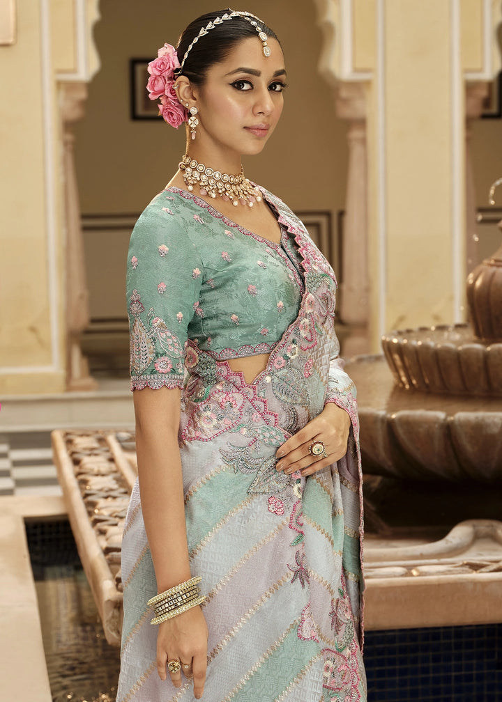 Dual Shade Pink & Blue Banarasi Silk Saree with Zari, Thread & Sequins Work: Diwali Edit