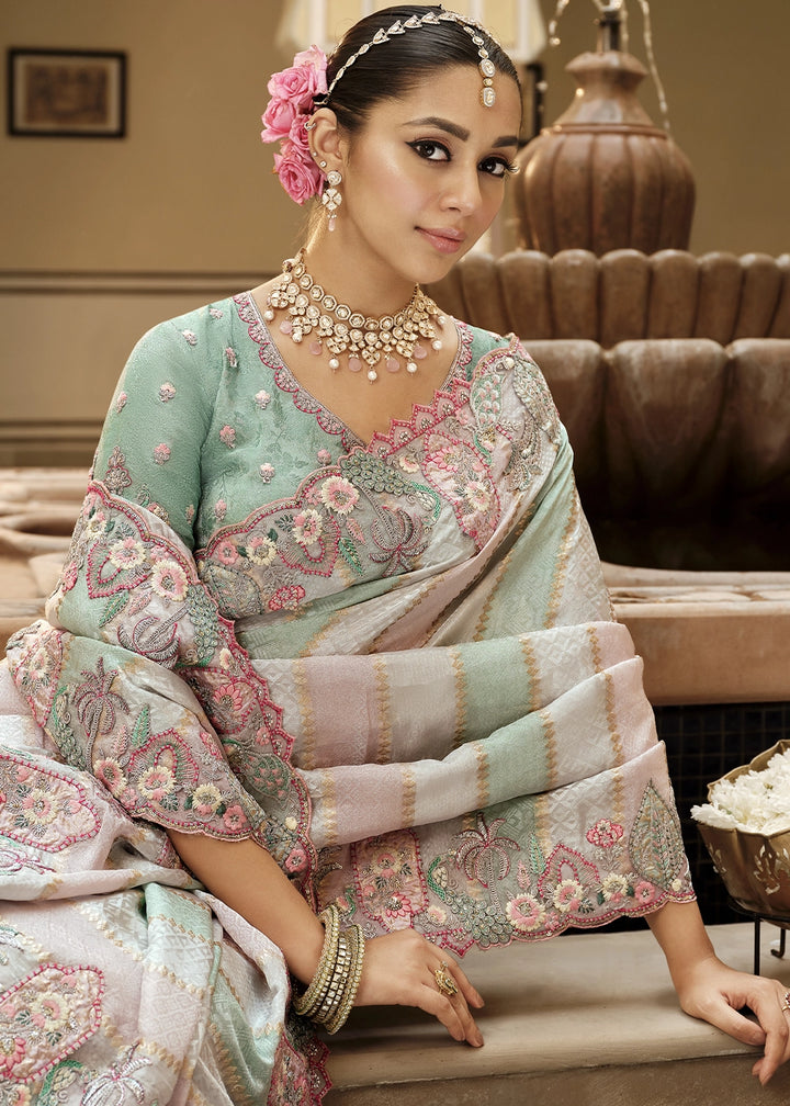 Dual Shade Pink & Blue Banarasi Silk Saree with Zari, Thread & Sequins Work: Diwali Edit