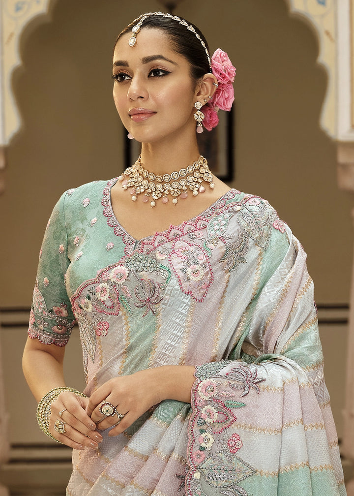 Dual Shade Pink & Blue Banarasi Silk Saree with Zari, Thread & Sequins Work: Diwali Edit