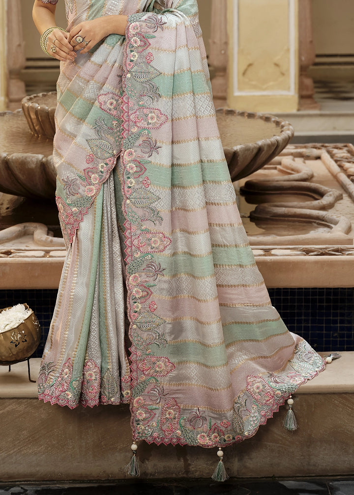 Dual Shade Pink & Blue Banarasi Silk Saree with Zari, Thread & Sequins Work: Diwali Edit