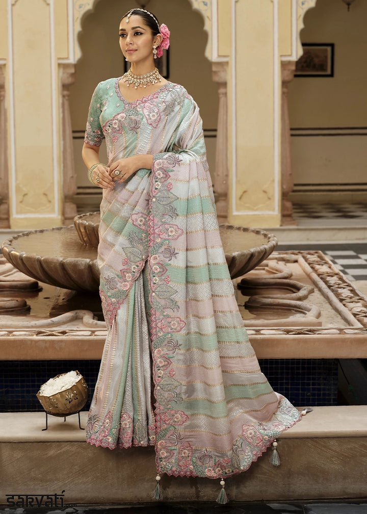 Dual Shade Pink & Blue Banarasi Silk Saree with Zari, Thread & Sequins Work: Diwali Edit