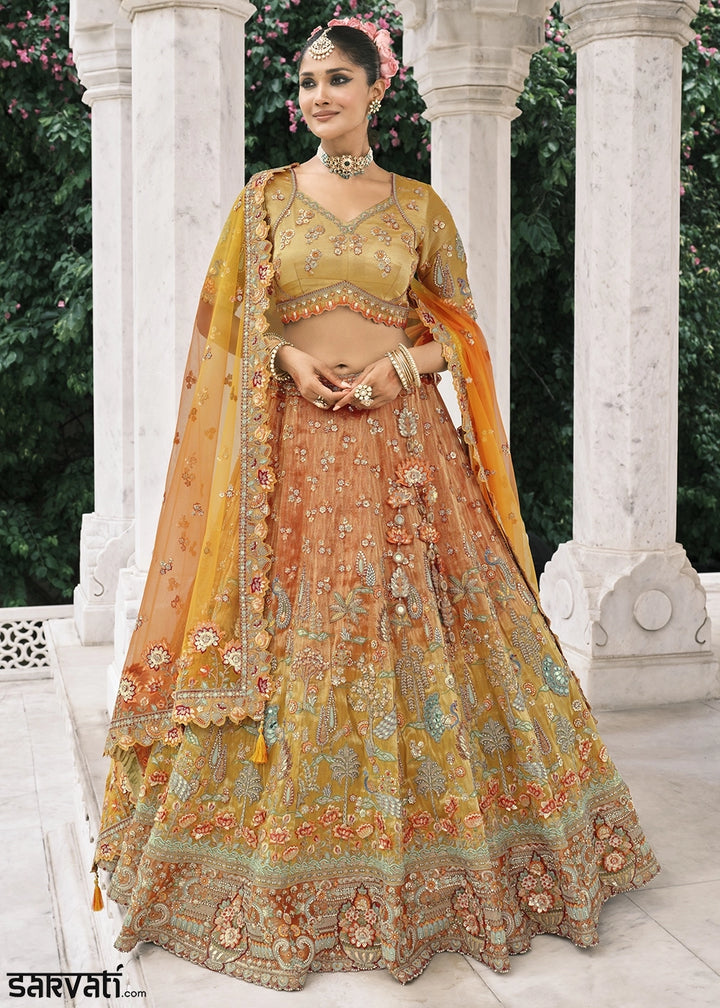 Shades Of Orange Banarasi Silk Lehenga with Stone, Sequins, Mirror & Zari Handwork