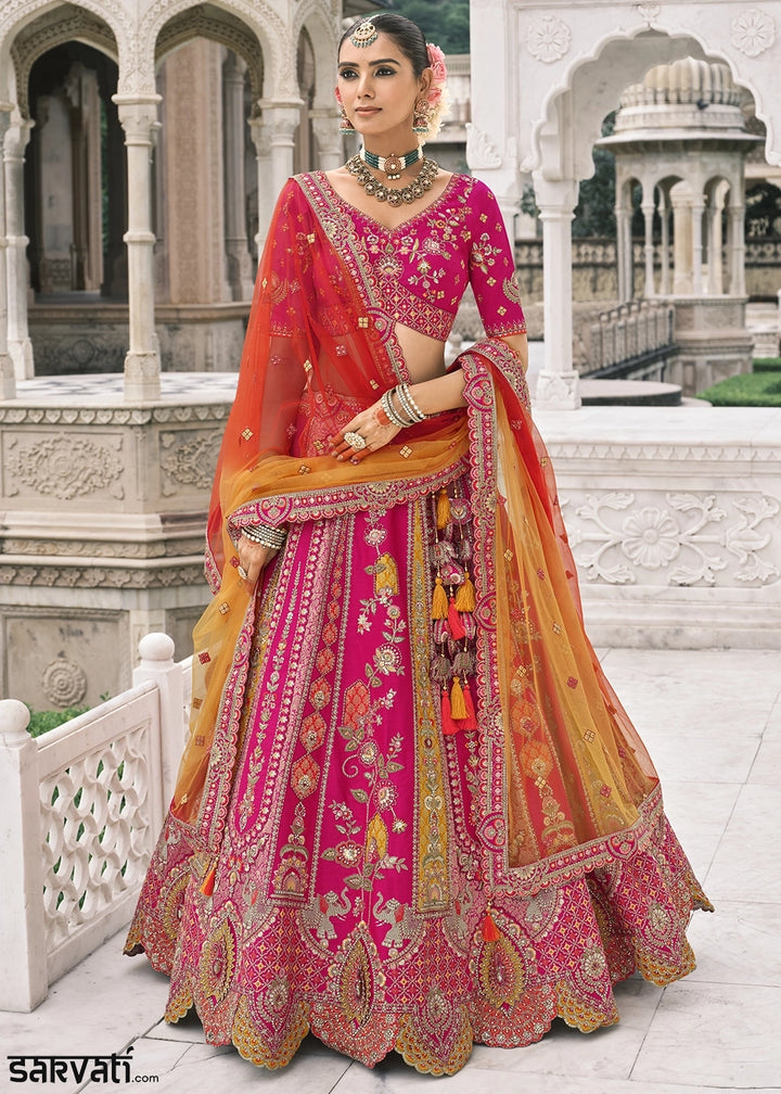 Magenta Pink Banarasi Silk Lehenga with Stone, Sequins, Mirror & Zari Handwork