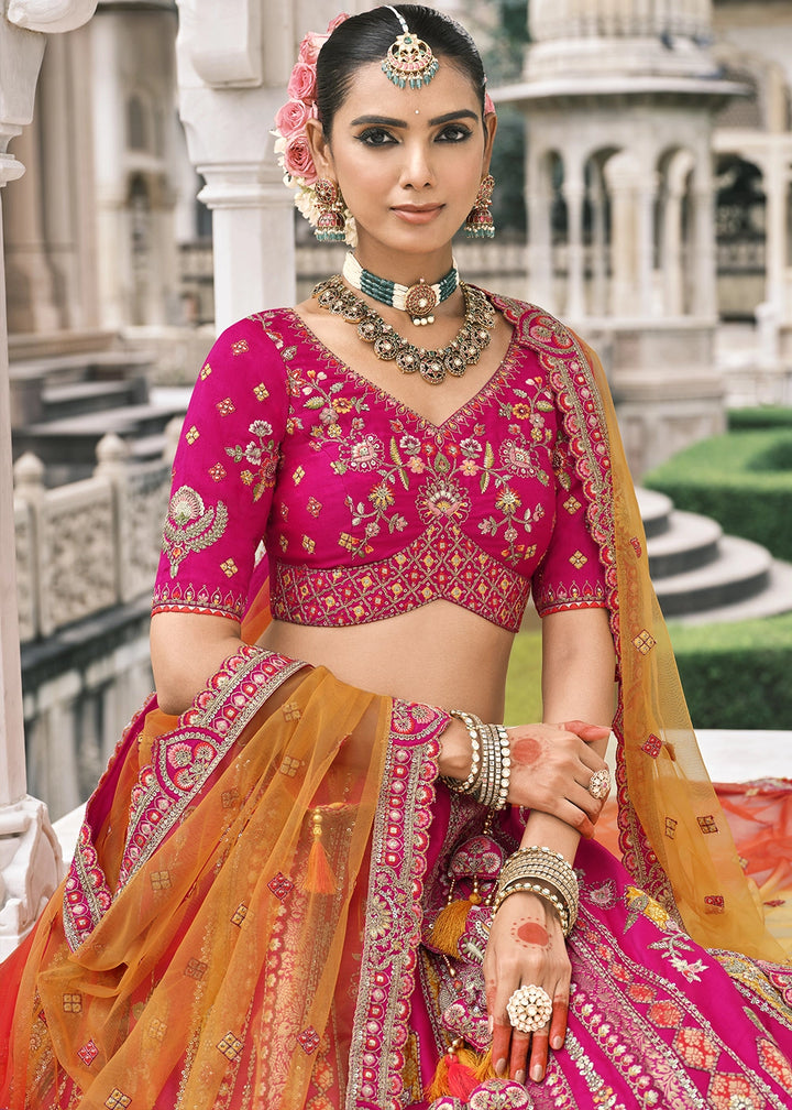 Magenta Pink Banarasi Silk Lehenga with Stone, Sequins, Mirror & Zari Handwork