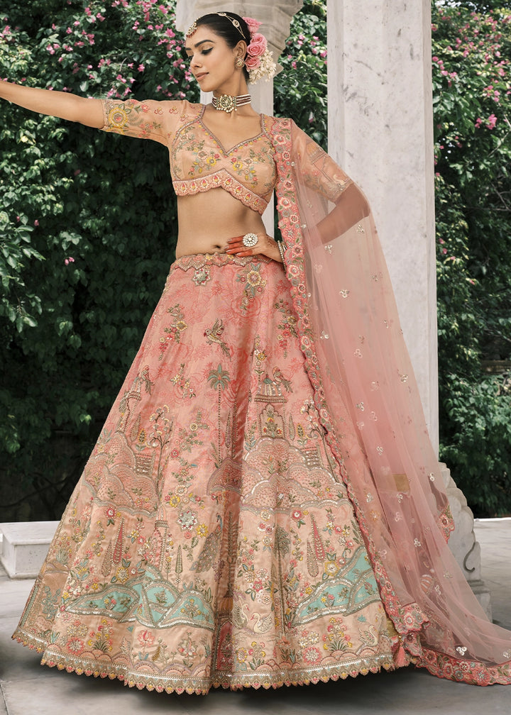 Peach Pink Banarasi Silk Lehenga with Stone, Sequins, Mirror & Zari Handwork