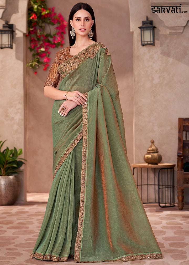 Pickle Green Designer Saree in Georgette with Blouse Detailing