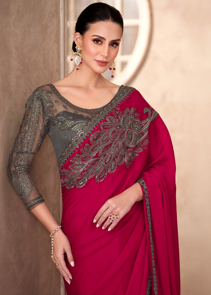 Cherry Pink Designer Saree in Chiffon with Blouse Detailing