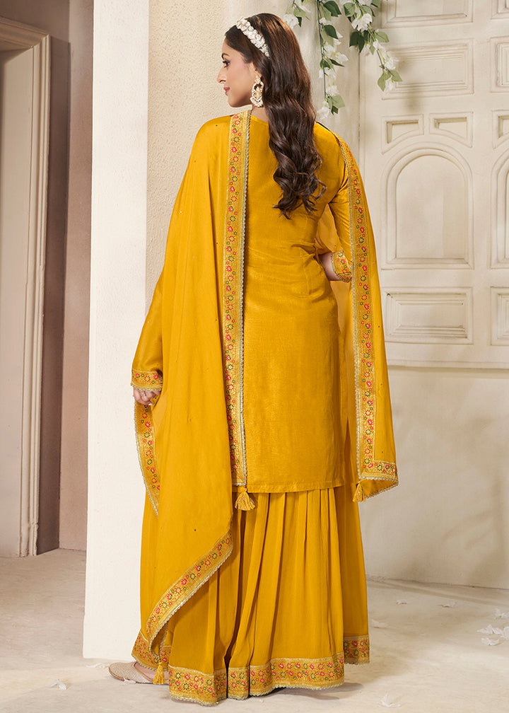 Golden Yellow Dola Silk Sharara Suit with Floral Meena Jacquard work