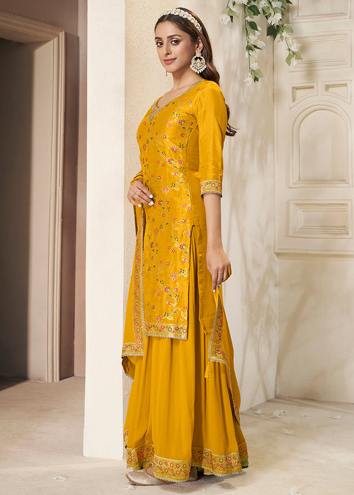Golden Yellow Dola Silk Sharara Suit with Floral Meena Jacquard work