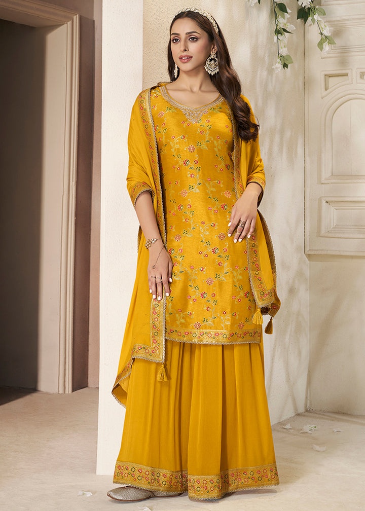 Golden Yellow Dola Silk Sharara Suit with Floral Meena Jacquard work