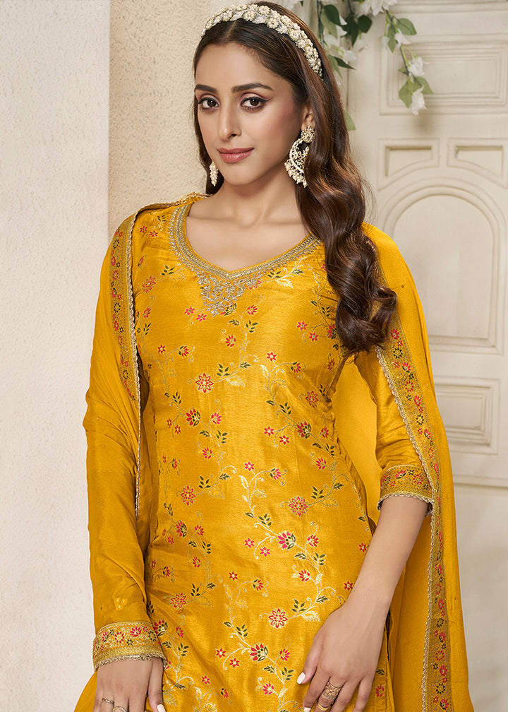Golden Yellow Dola Silk Sharara Suit with Floral Meena Jacquard work