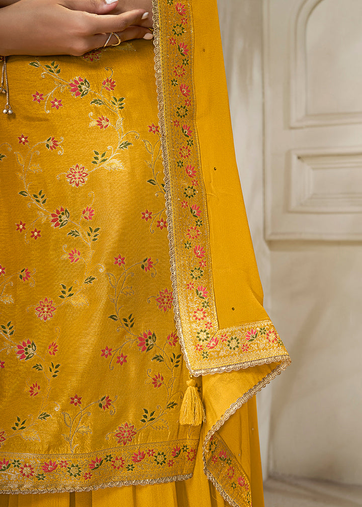 Golden Yellow Dola Silk Sharara Suit with Floral Meena Jacquard work