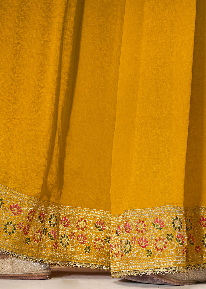 Golden Yellow Dola Silk Sharara Suit with Floral Meena Jacquard work
