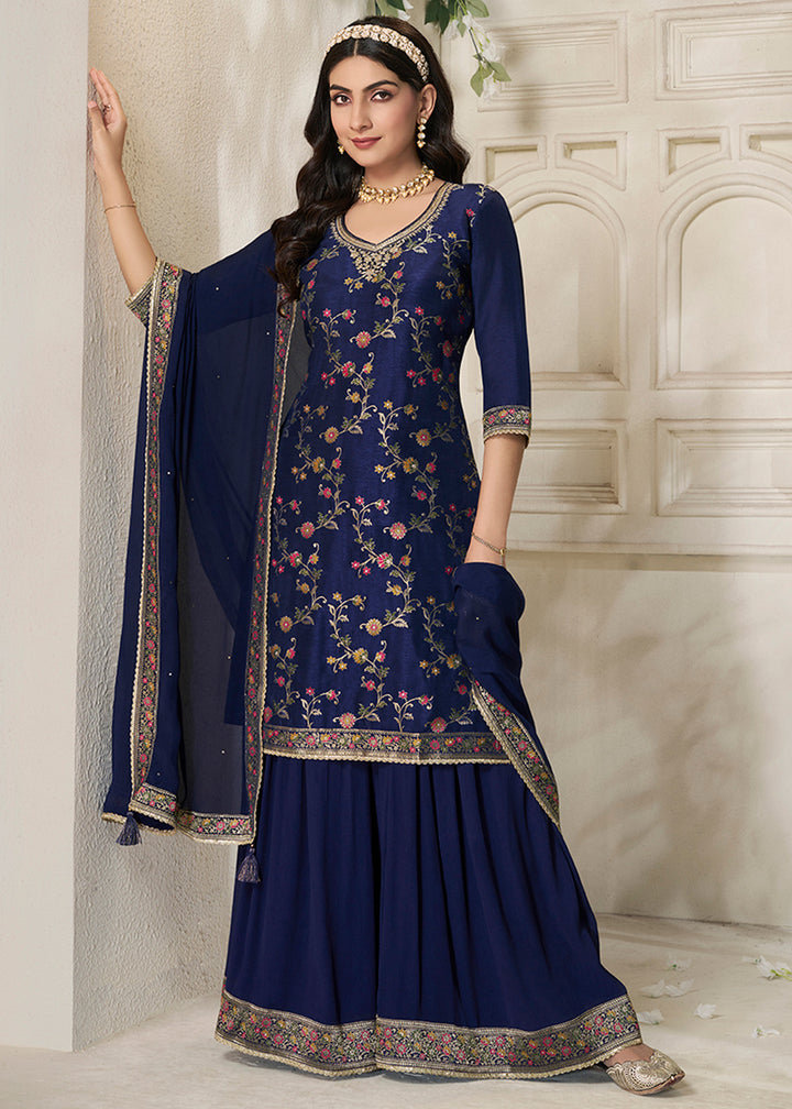 Denim Blue Dola Silk Sharara Suit with Floral Meena Jacquard work