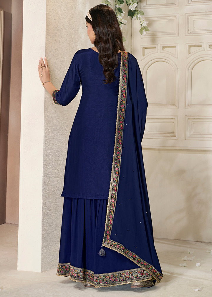 Denim Blue Dola Silk Sharara Suit with Floral Meena Jacquard work