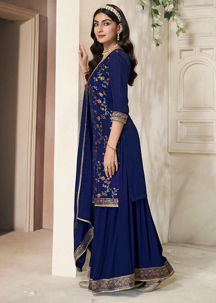 Denim Blue Dola Silk Sharara Suit with Floral Meena Jacquard work