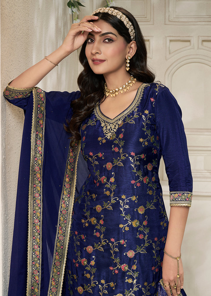 Denim Blue Dola Silk Sharara Suit with Floral Meena Jacquard work