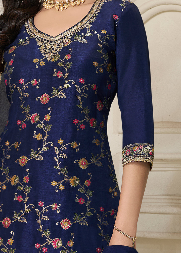 Denim Blue Dola Silk Sharara Suit with Floral Meena Jacquard work