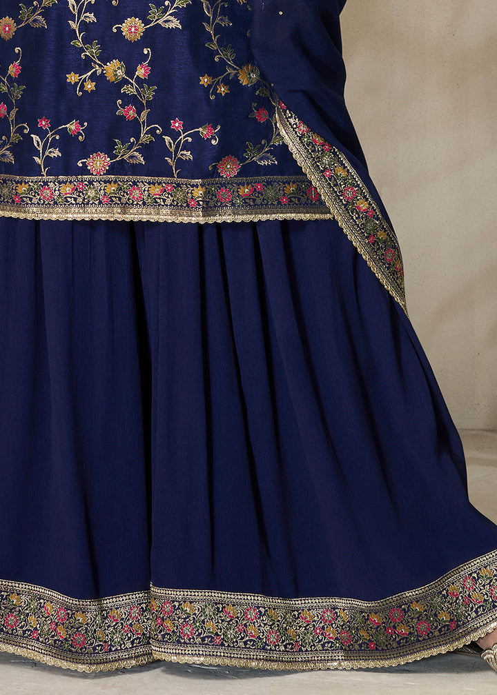 Denim Blue Dola Silk Sharara Suit with Floral Meena Jacquard work