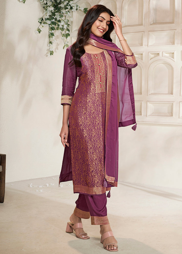 Lollipop Purple Floral Jacquard Tissue Kurta Set with Sequins Embellishments