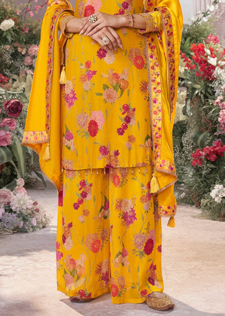 Saffron Yellow Chinon Silk Sharara Suit with Floral Print & Embroidery