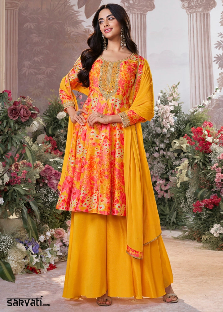 Saffron Yellow Silk Sharara Suit with Digital Print Design & Embroidery