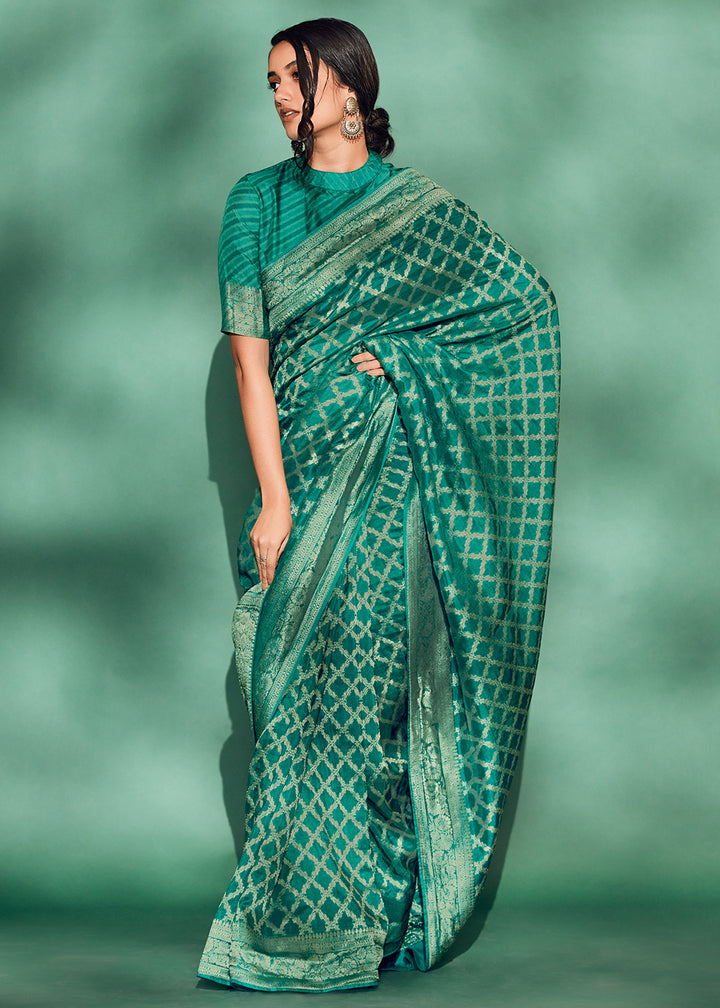 Luxury Dark Cyan Green Saree with Digital Prints on Woven Viscose Silk