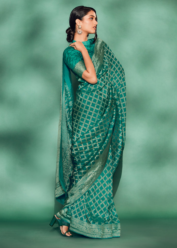 Luxury Dark Cyan Green Saree with Digital Prints on Woven Viscose Silk