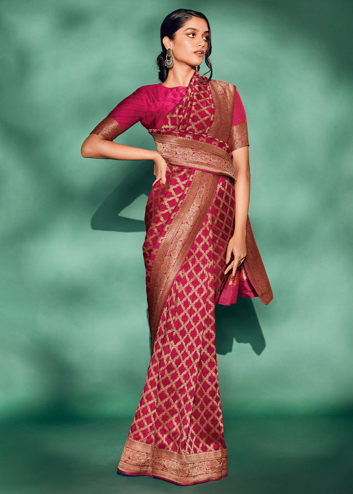 Luxury Hot Pink Saree with Digital Prints on Woven Viscose Silk